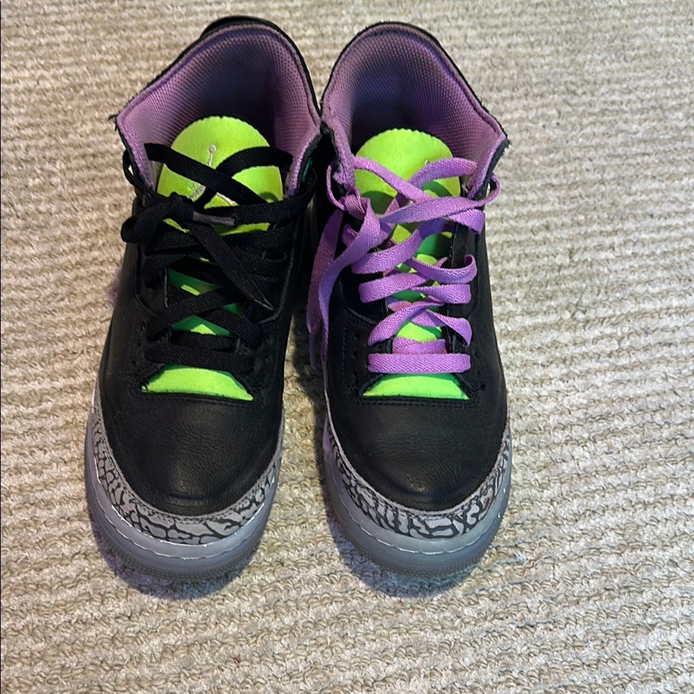 Black, Purple, and Green Jordan 3 Sneakers